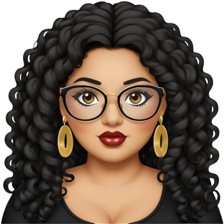big plus size, latina, darker tan skin, long black curly hair, baddie,pretty, makeup, lipgloss, black eyeliner, long hair, small gold earrings, black top, black glasses emoji