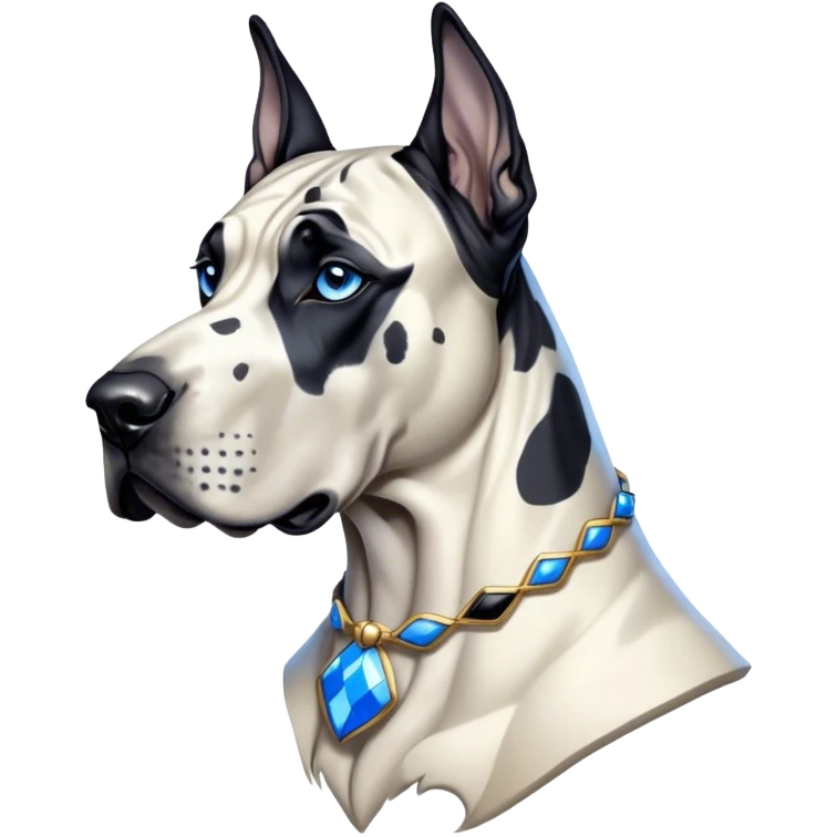 Cinematic Noble Harlequin Great Dane Portrait Emoji, Poised and regal, with a towering, muscular build and a striking coat of predominantly white with bold black patches, deep-set soulful blue eyes, Simplified yet sharp and sophisticated features, highly detailed, glowing with a soft, dignified glow, high shine, intelligent and loyal, stylized with an air of majesty, focused and attentive, soft glowing outline, capturing the essence of a watchful and confident guardian, so majestic it feels as though it could stride out of the screen with effortless authority! emoji