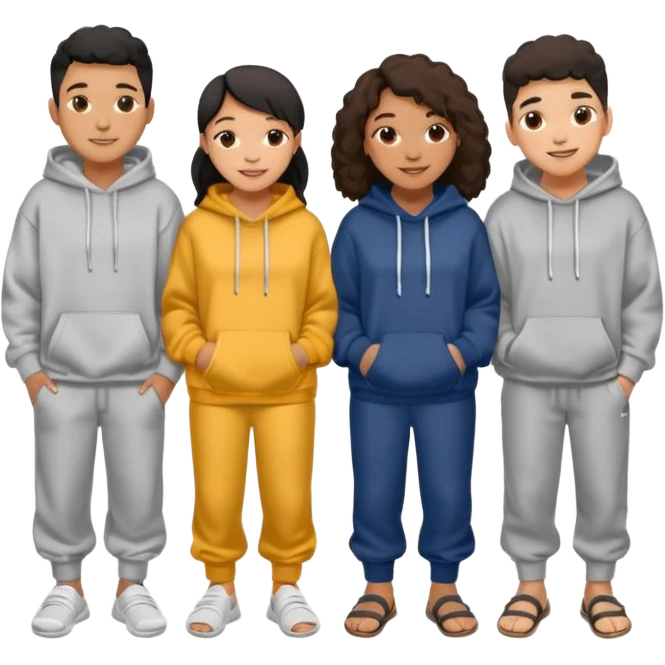 four mixed race friends all wearing oversized hoodies, sweatpants, and slides huddled together  emoji