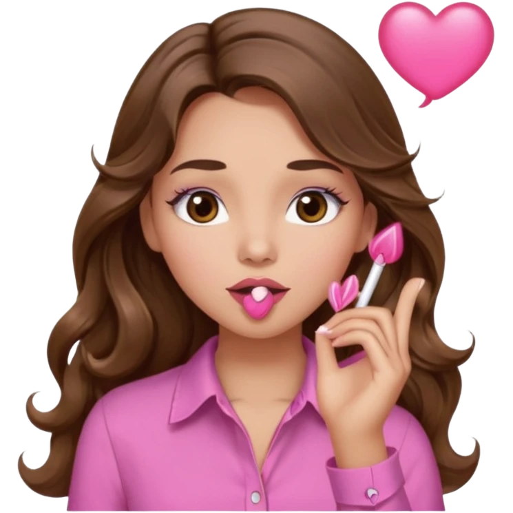 girl with long wavy brown hair, brown eyes, light to medium complexion, in a pink shirt, pink lips, long lashes, blowing a kiss emoji