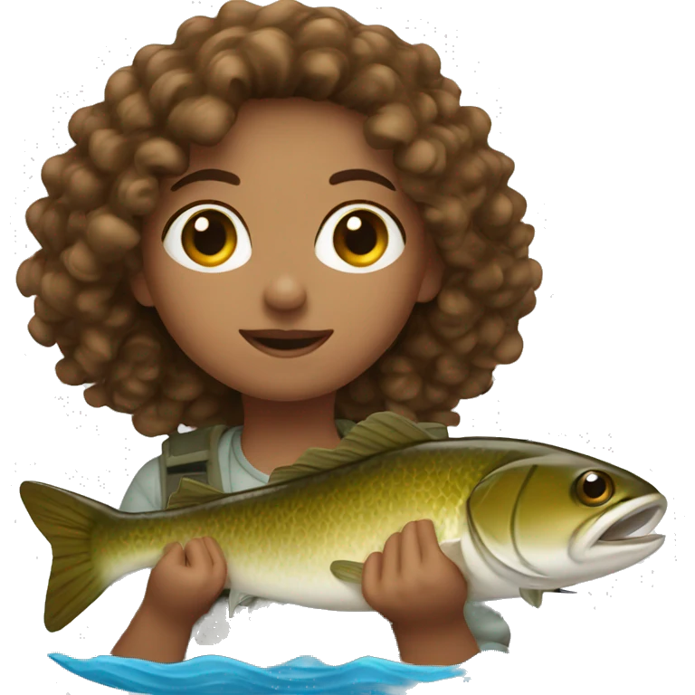 Girl with brown curly hair going fishing emoji