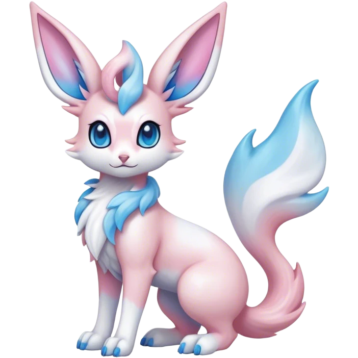 Feral Rare Fantasy cute realistic adorable pastel pink light-blue white iridescent Sylveon-Vernid-Sergal-hybrid by LiLaiRa, markings, tufted ears, full body emoji