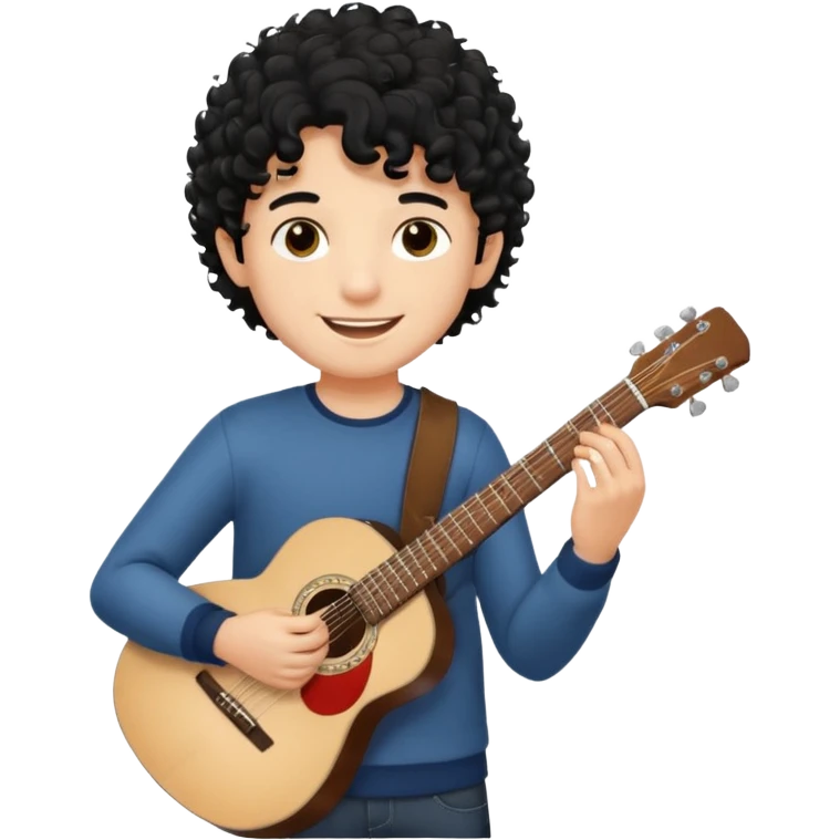 A boy with black curly hair Smiling and holdijg a guitar  emoji