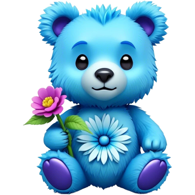 3D, adorable little Pixar style blue neon punk bear with a flower, ultra detailed, each lash, eye, and strand of fur is shown in stunning detail as though captured in a timeless photograph, rich textures, visually rich, so lifelike it feels like it could leap off the page at any moment emoji