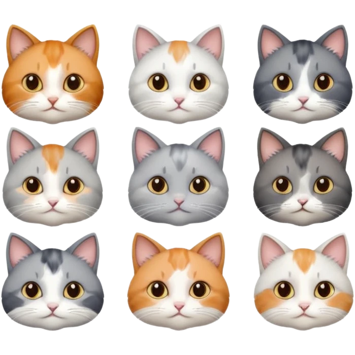 6 realistic looking cats with different natural coloured coats, assorted grey and white, greys, calico, brown and white colours etc
 emoji