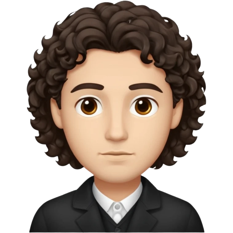 He’s a man with light to medium skin, a defined oval face, full brows, deep-set eyes, and wavy to curly dark brown hair styled with height, sides are trimmed. expression calm and focused relaxed black open-collar .polished, articulate, and trainer vibe. emoji