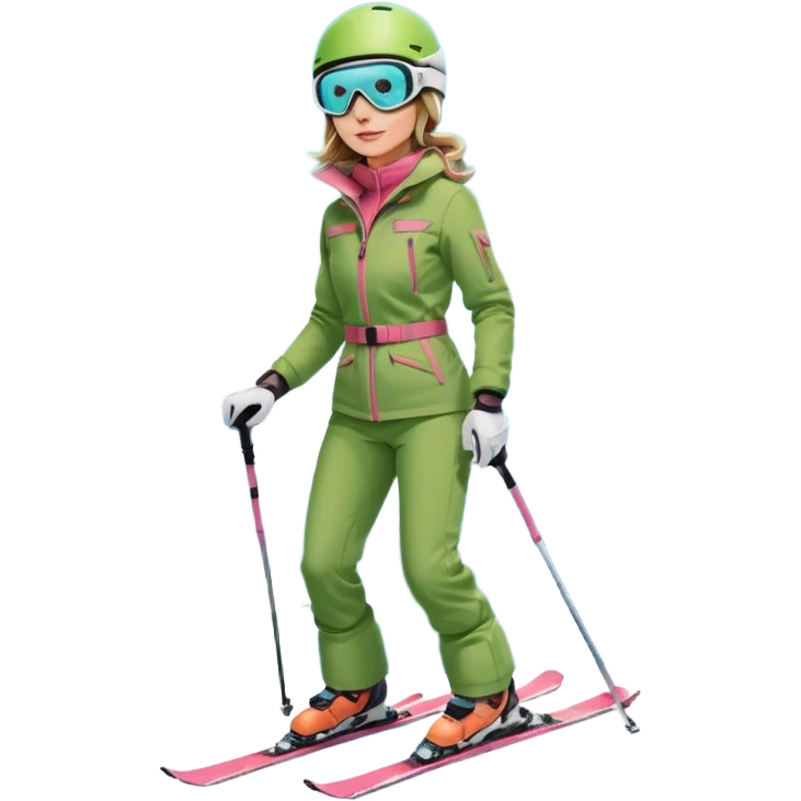 Woman, skiing, White helmet, rosa goggles Green Jacket, green trousers, blue skibackground Matterhorn emoji