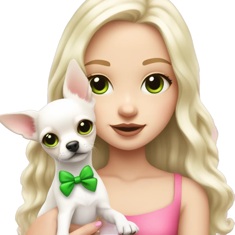 pale blond yt girl with wavy long platinum white hair with bright green eyes holding a white chihuahua puppy that wearing a pink bow emoji
