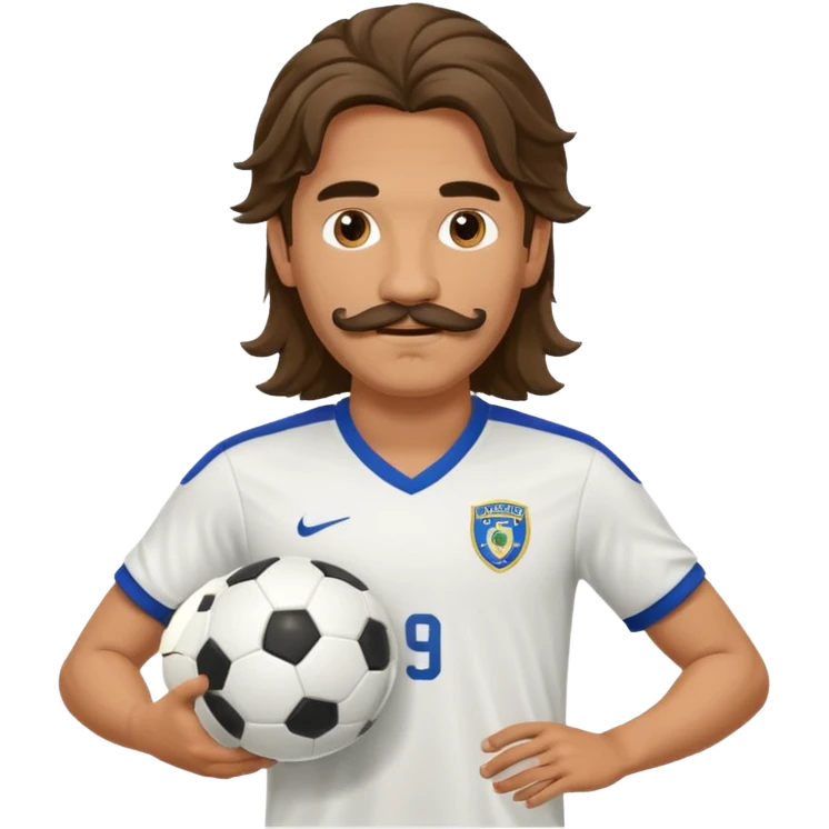long haired man soccer player with mustache holding soccer ball emoji