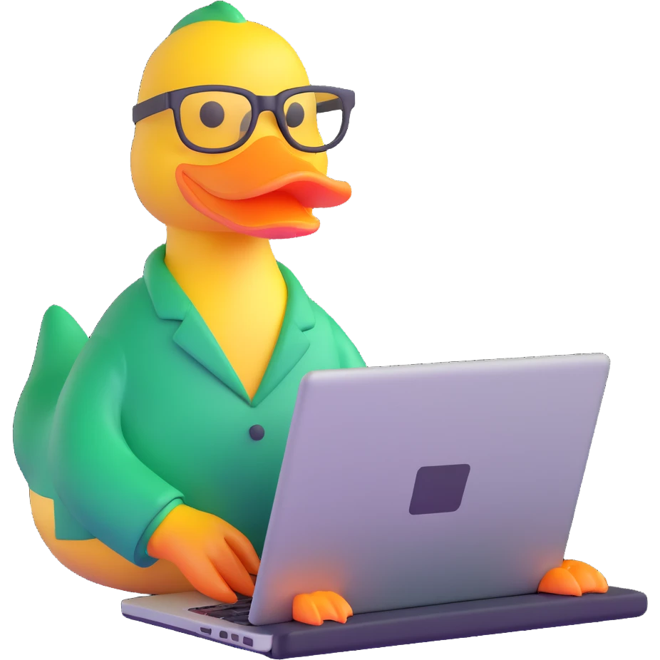 Animated duck wearing glasses, programming Python on a laptop emoji