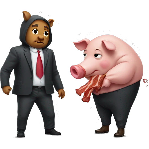 A big bad pig in a suit with a man in a hoodie holding bacon emoji