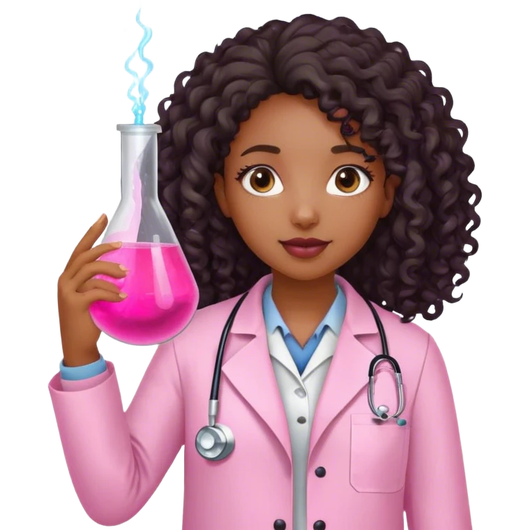 Black girl with long curly hair is a scientist with pink lab coat emoji