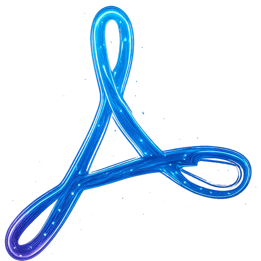 Transform the Adobe Acrobat logo into a cyberpunk, holographic style with glowing neon blue and pink edges, circuit patterns throughout the logo, and a transparent background. Maintain the recognizable Acrobat 'A' shape, overlaying neon and circuit effects in the same futuristic, clean style as previous cyberpunk icons. The whole icon should have a consistent cyberpunk glow and intricate circuit details in a futuristic, clean style. emoji
