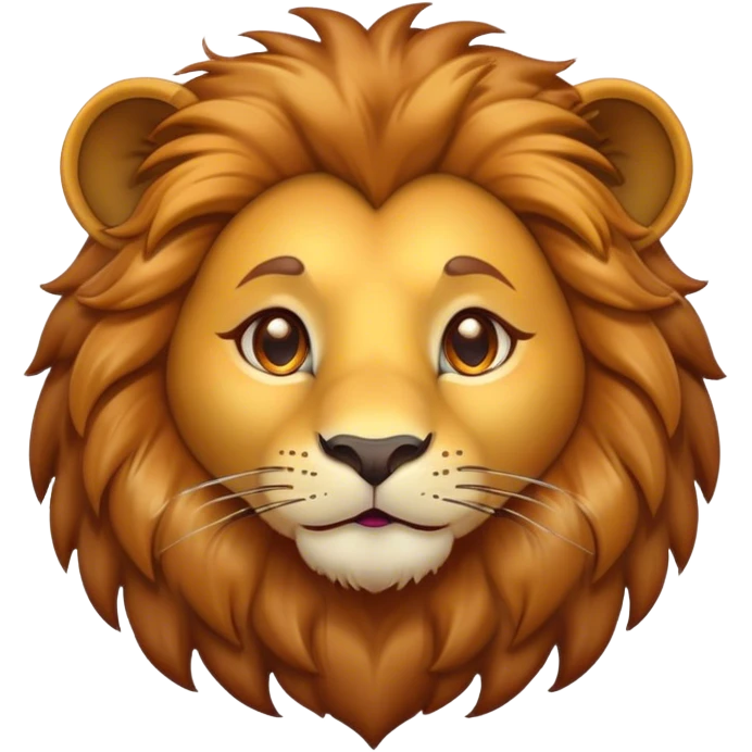 Cinematic Cute Lion Portrait Emoji, Head tilted playfully and inquisitively, featuring a glossy tawny Fur with a lush mane and round, sparkling amber eyes filled with curious mischief, Simplified yet irresistibly adorable features, highly detailed, glowing with a warm, friendly glow, high shine, affectionate and spirited, stylized with a touch of jungle whimsy, bright and endearing, soft glowing outline, capturing the essence of a mischievous yet loving lion, so playful it feels like it could pounce out of the screen and into your arms! emoji