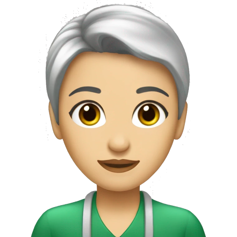 profesora morena, ojos verdes, flequillo emoji