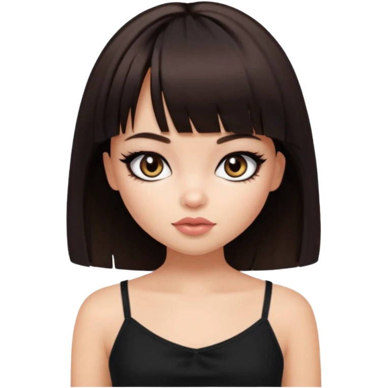 generate a pretty bratz girl in black cami top, dark brown straight bob hair with bangs, eyeliner on, emoji