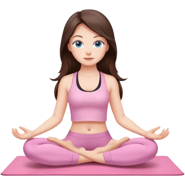 Brunette long hair and blue blue eyes yoga beautiful girl in light pink pink pink clothes sitting on a yoga mat emoji