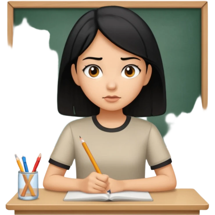 girl with black hair in short sleeves focusing in class emoji