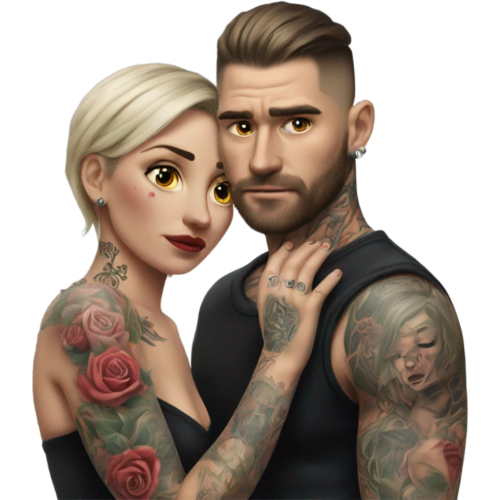 Hyper Realistic Beautiful tattooed woman crying in the arms of a handsome tattooed man  emoji