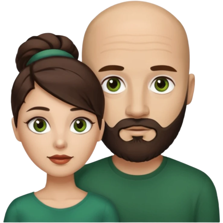 Man beard bald white dark green eyes, woman medium hair brown brown eyed latina, they have different eye color man dark green woman dark brown emoji