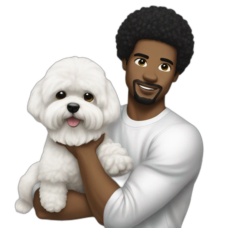 white man black hair,  rapper flexing with a bichon emoji