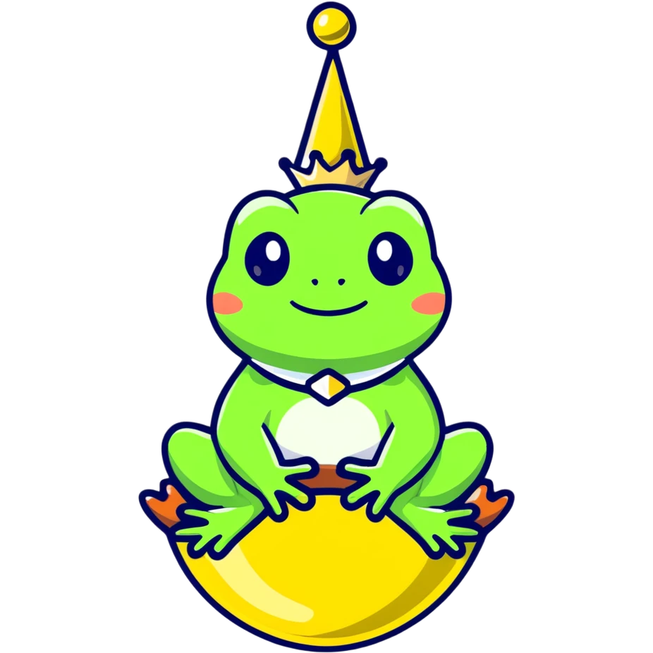 glamorous frog wearing a jeweled choker, sitting on top of the world emoji