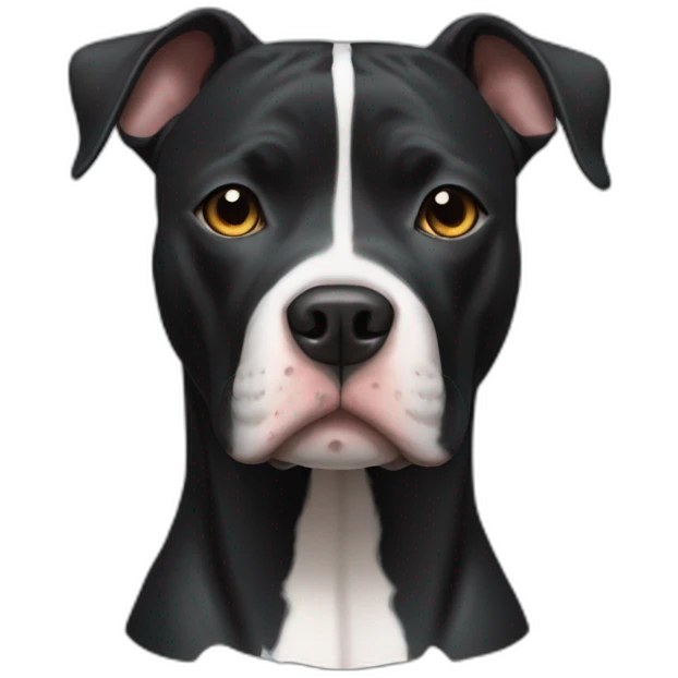 Black pitbull mixed with pointer, has a white stripe on his node and till the forehead emoji