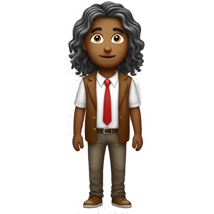 menino branco com cabelo middle part curtain comprimento até a orelha ondulado marrom, sobrancelhas retas, com olhos ambar e numa pose radical. vestindo uma camiseta vermelha. estilo 2d emoji