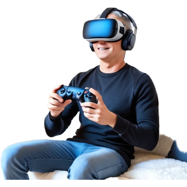 Homme noir, week-end détente, avec casque VR et manette PS 2025, assis dans un salon cosy décor Noël. Père Noël à côté, sourire amical, sapin illuminé, guirlandes et cadeaux au sol. Style réaliste, lumineux, ambiance festive & gaming. emoji