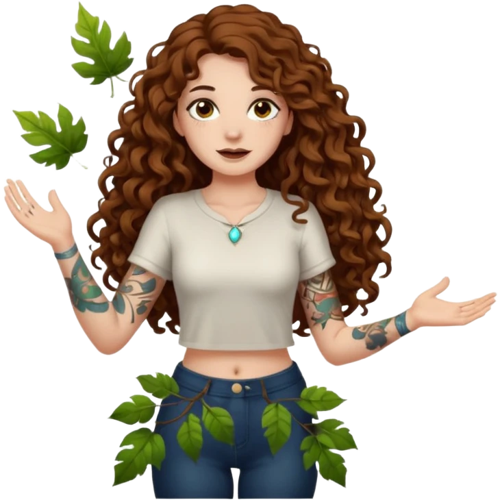 full body view of a woman with long curly brown hair, brown eyes, white skin, tattoos, slow sarcastic clap, glowing leaves falling emoji