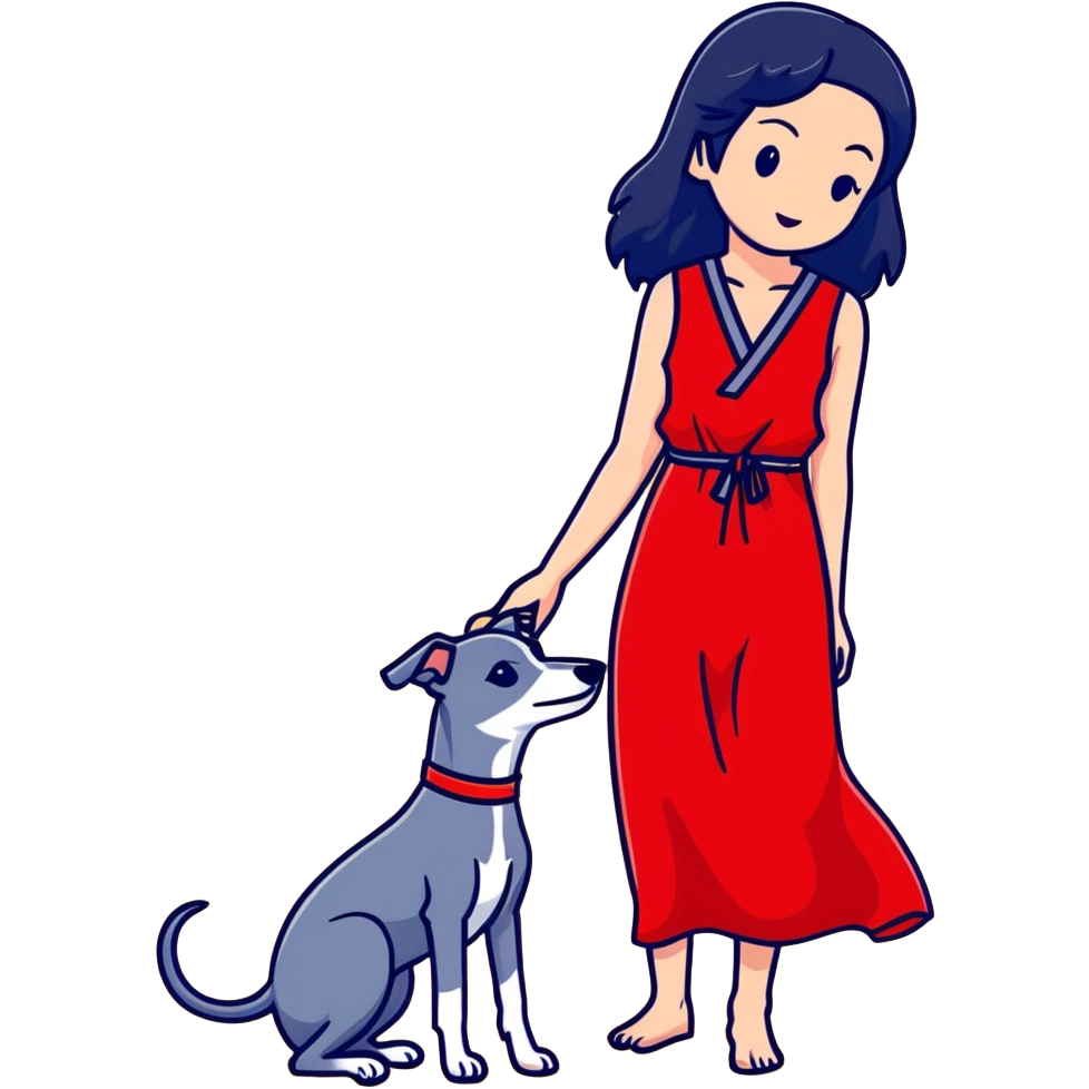A beautiful 25-year-old Japanese woman with long flowing black hair wearing a stylish red beach dress, gently petting a PURE SOLID DARK GREY whippet with a bright RED COLLAR on a beach at night under a starry sky. The whippet MUST be 100% SOLID DARK GREY with ABSOLUTELY NO WHITE MARKINGS ANYWHERE - specifically NO WHITE on face, NO WHITE on chest, NO WHITE on paws - ENTIRELY ONE CONSISTENT SOLID DARK GREY COLOR throughout. Deep blue night sky filled with bright stars, moonlight reflecting on the ocean, sandy beach in the foreground. emoji