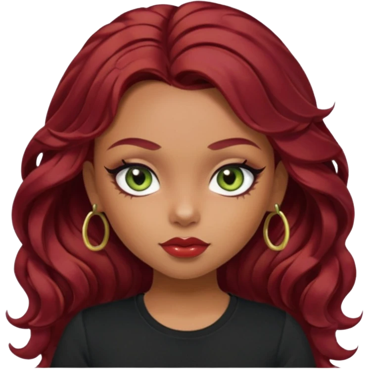 a pretty fair bratz girl with wavy dark red hair, wearing a black tee. eyeliner on, olive green eyes. Till Waist \ emoji
