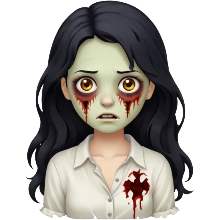 garota zumbi com cabelo preto ondulado longo blusa branca sem botões, lisa a blusa emoji