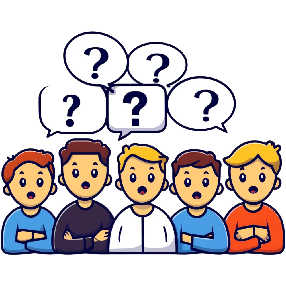 Team of people with bewildered expressions and question marks around them emoji