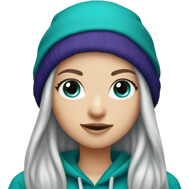 White girl, blue eyes, long teal hair, purple beanie hat, black hoodie emoji
