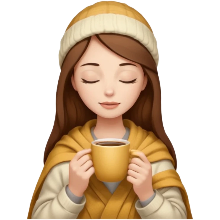 brown hair woman closed eyes with cream blanket on her head, holding cup of coffee, autumn mood emoji