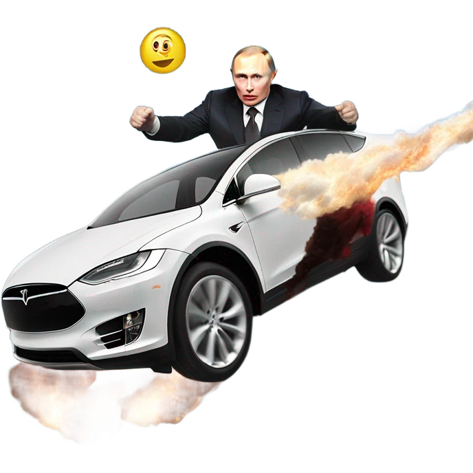 Photo realistic, Vladimir Putin, flying over a Tesla emoji