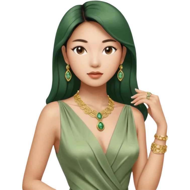Aesthetic rich Asian woman in sage green Versace dress and Cartier jewelleries, 3/4 view emoji