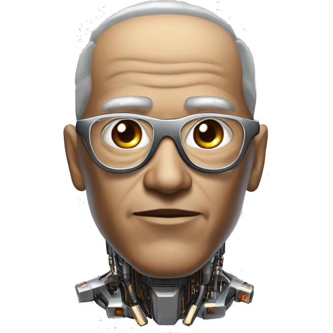 Older Male cyborg head with metallic plated face, brown flat top haircut, glasses and circuitry emoji