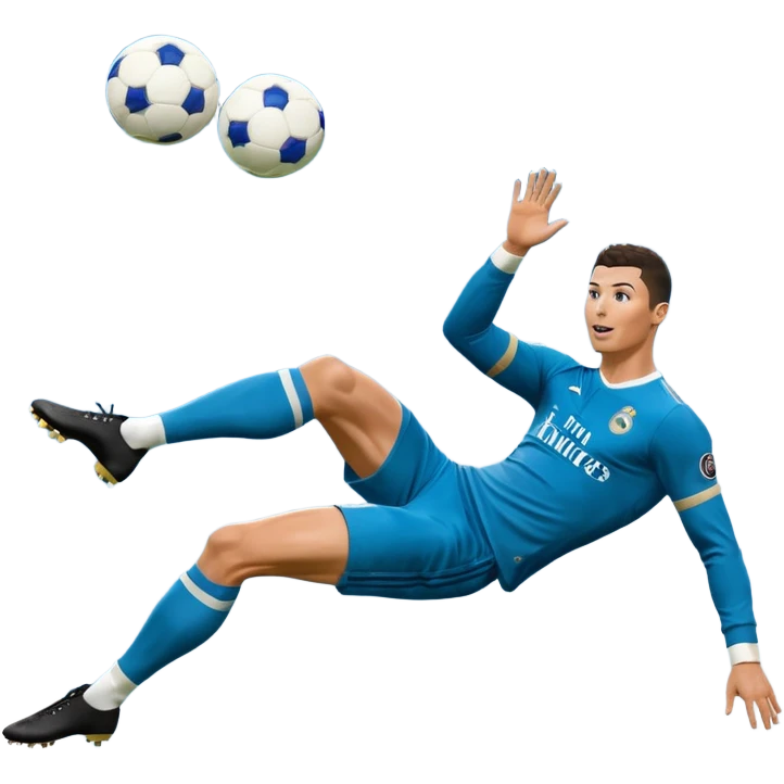 Ronaldo doing a bicycle kick with football in mid air While wearing a Retro blue Real madrid kit and yes i want it to be exactly the same as he Scored it in 2018 vs Juventus  emoji