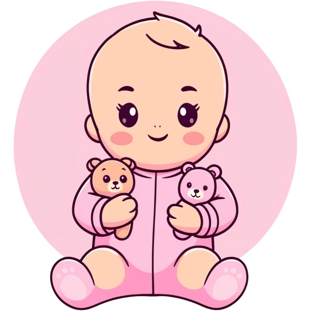adorable baby in pastel pink outfit with pink teddy bear emoji