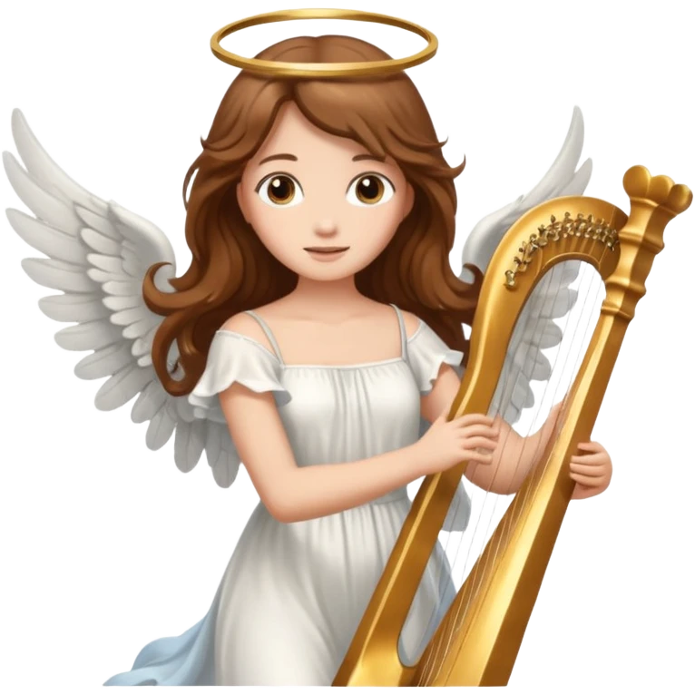 Female angel holding harp with flowing brown hair emoji