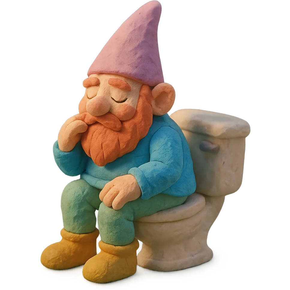 claymation style gnome sitting on a toilet, magical atmosphere, pastel colors emoji