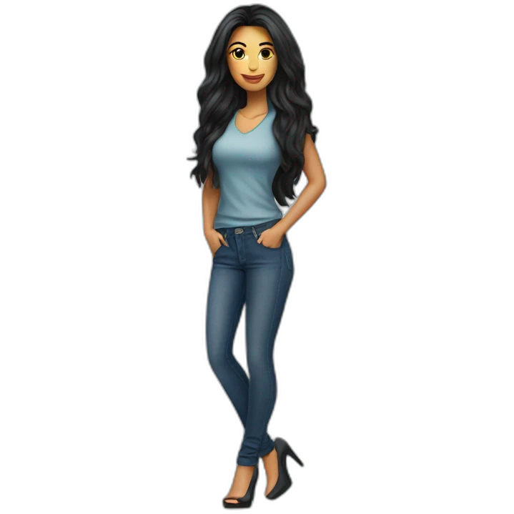 Brazilian Woman with long black hair dressing jeans with Tshirt in high heels emoji
