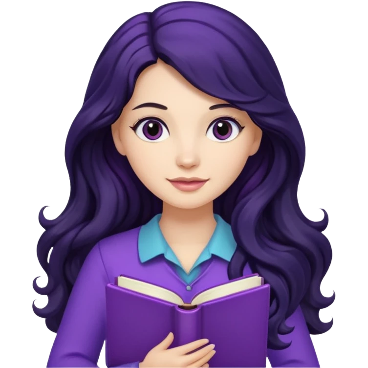 Long Hair Women with purple Book, Black wavy hair emoji