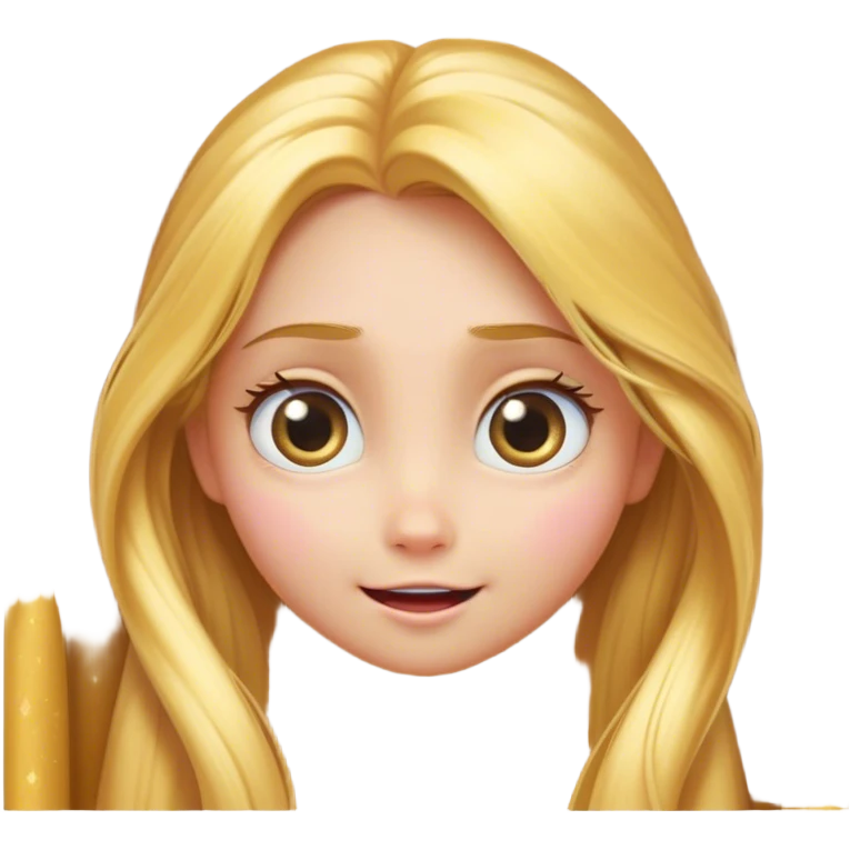 Cinematic Adorable Rapunzel Portrait Emoji, Playfully peeking out from behind a curtain of hair, big sparkling eyes, cheeks flushed with excitement, exuding charm and innocence, an absolute delight! emoji