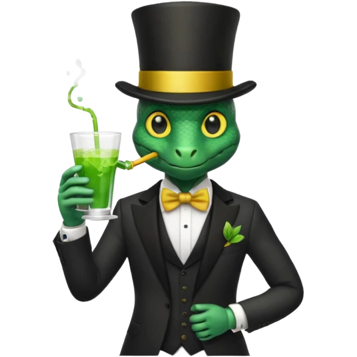 snake wearing suit, bowtie and top hat, holding a glass of green drink emoji