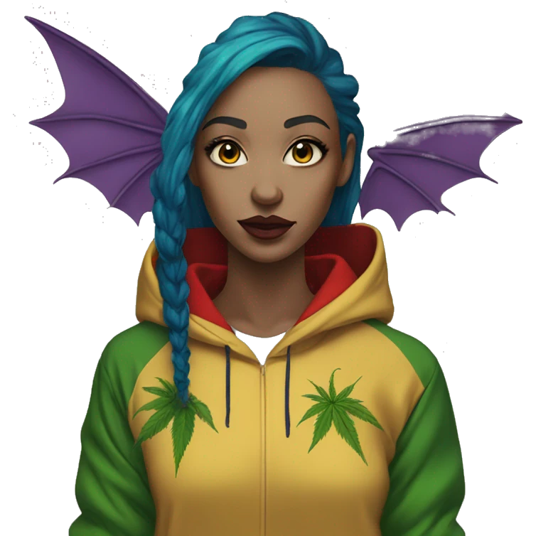 420 Lady with brunette and blue hair, hemp, gold, green dragon wings, maroon hoodie, 420, black and gold Nike t shirt, and bright red eyes emoji
