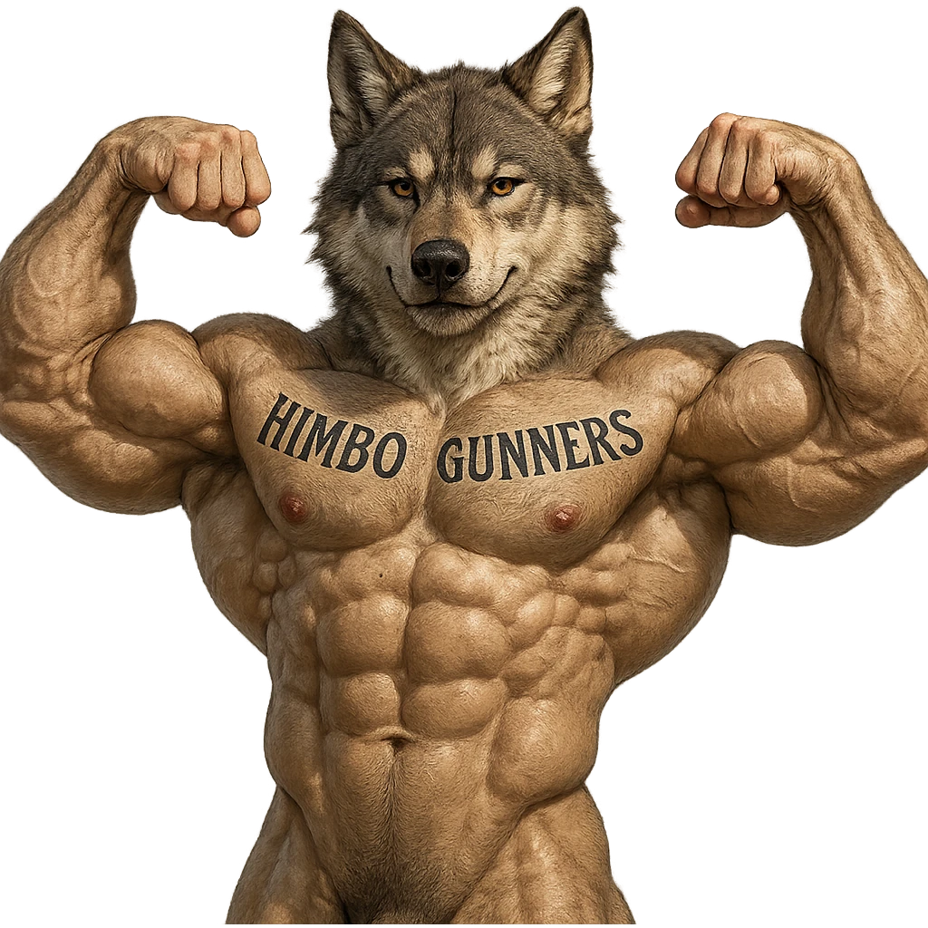 hyper-realistic, extremely muscular wolf furry, shirtless, 'Himbo Gunners' tattooed across his chest, flexing pose, confident expression emoji