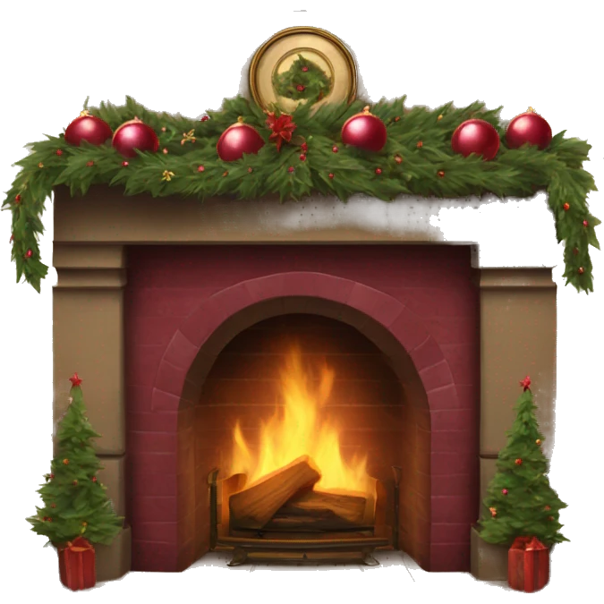 Vintage fireplace with Christmas wreaths with burgundy ornaments emoji